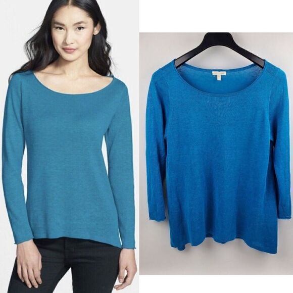 Eileen Fisher- 100% Organic Linen Long Sleeve Pullover Sweater Women Turquoise L - Picture 1 of 11